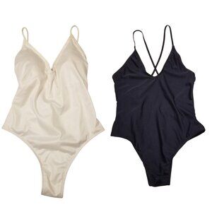 Set of 2 One Piece Bathing Suites Swim Wear Navy & White Small